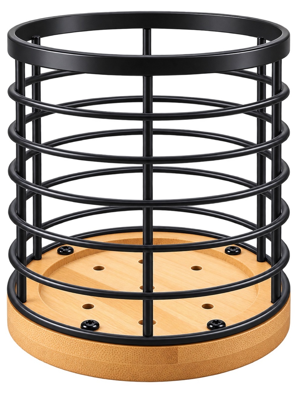 Bamboo Base Black Metal Utensil Holder - Home Storage & Organization